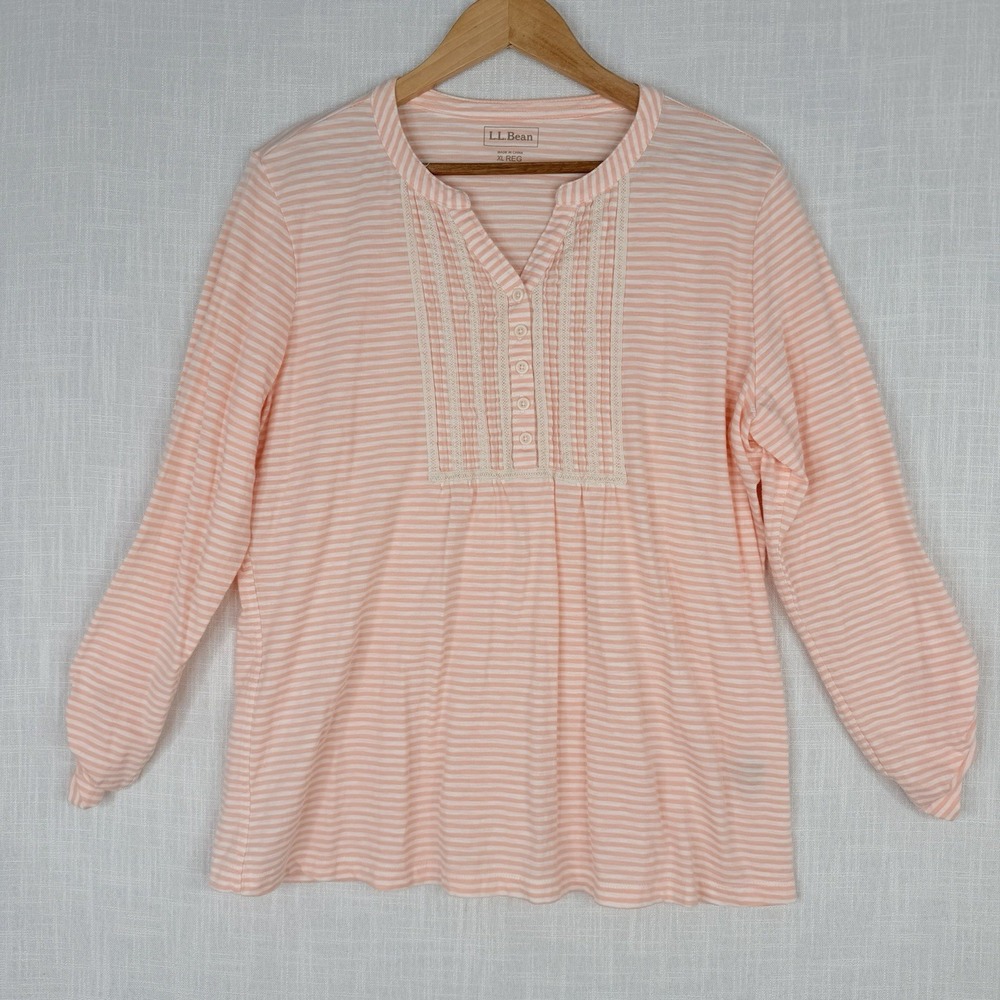 LL Bean Peach Orange White Stripe Pleat-Front Popover Top Roll-Tab Sleeve XL R